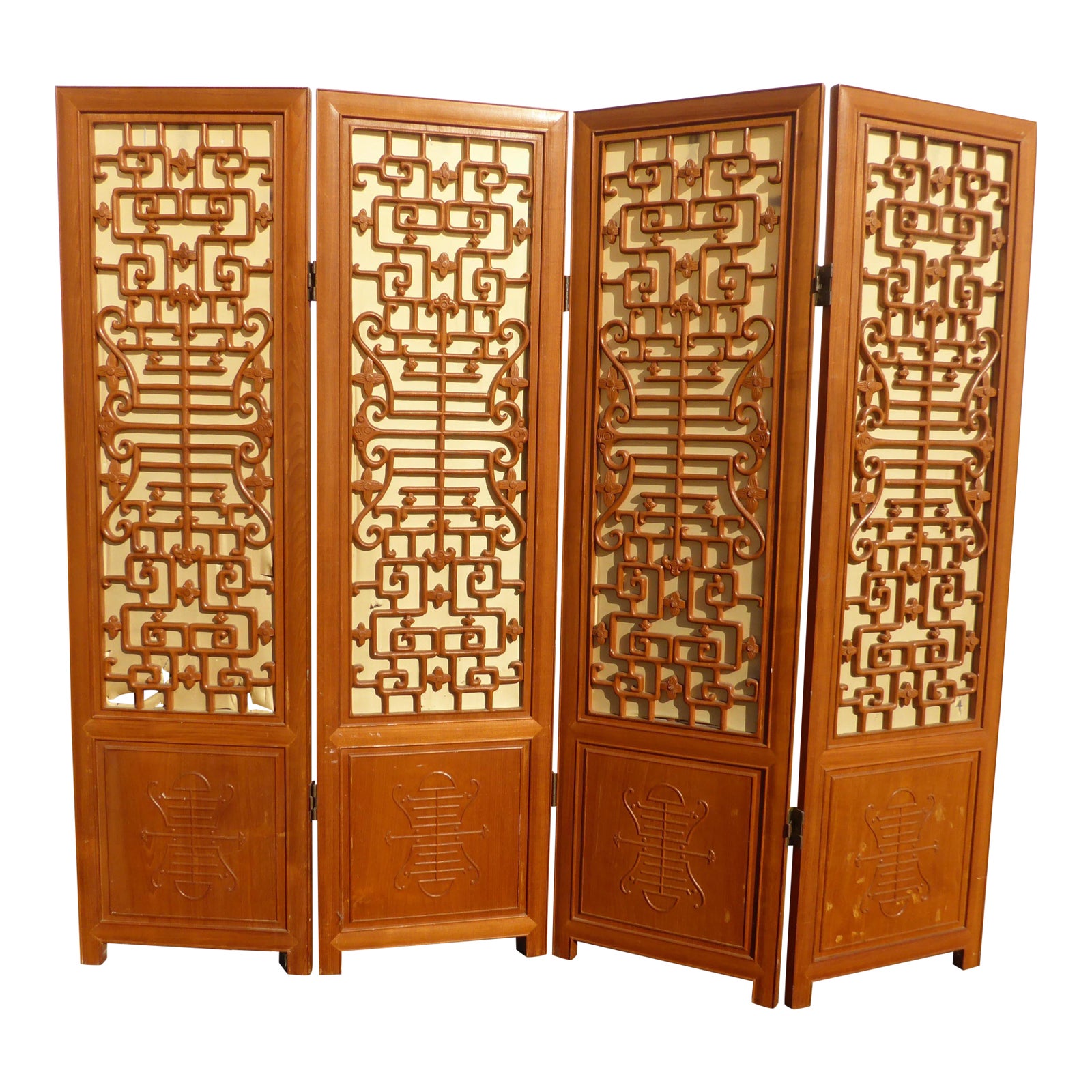 Vintage Oriental Asian Chinese Brown Teak Silk Four Panel Screen Room