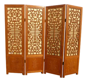 Vintage Oriental Asian Chinese Brown Teak Silk Four Panel Screen Room Divider