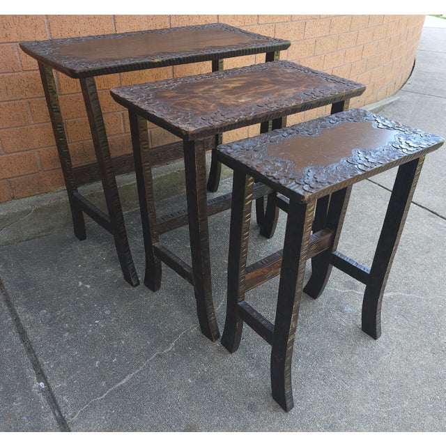 Set of 3 Jacobean Style Hancrafted Carved Walnut Nesting Tables | Chairish