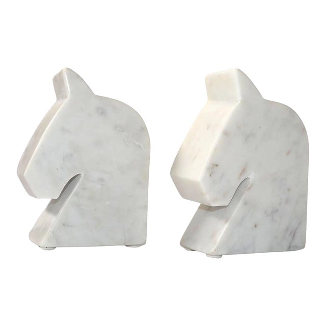 Set of 2 Italian White Carrara Marble Horse Head Shaped Animal Bookends For Sale