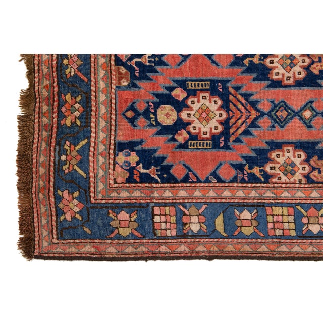 Antique Karabaugh Wool Runner in Blue and Red Designed With Tribal Pattern For Sale - Image 4 of 9