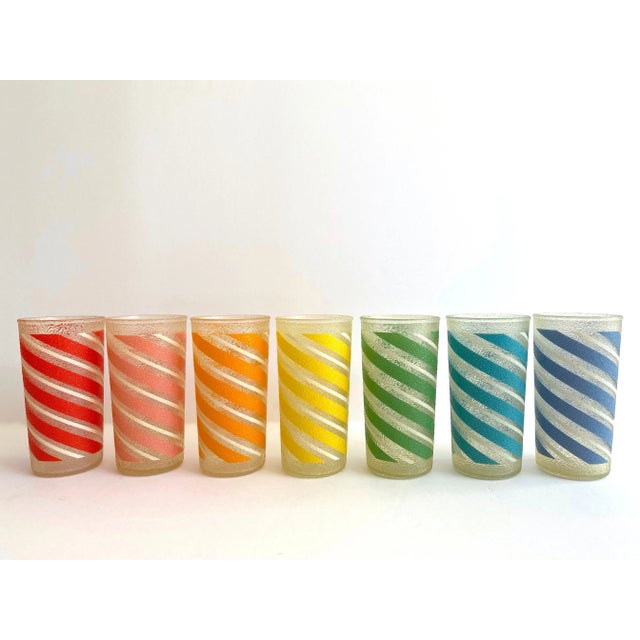 Vintage Mid Century Modern Candy Stripe Multicolor Frosted Tumbler Glasses- Set of 7 For Sale - Image 11 of 13