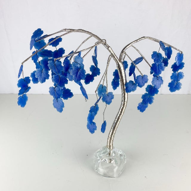 Mid 20th Century Vintage MCM Large Whimsy Tree Sculpture Art Blue Glass Leaves & Base With Wire For Sale - Image 5 of 9
