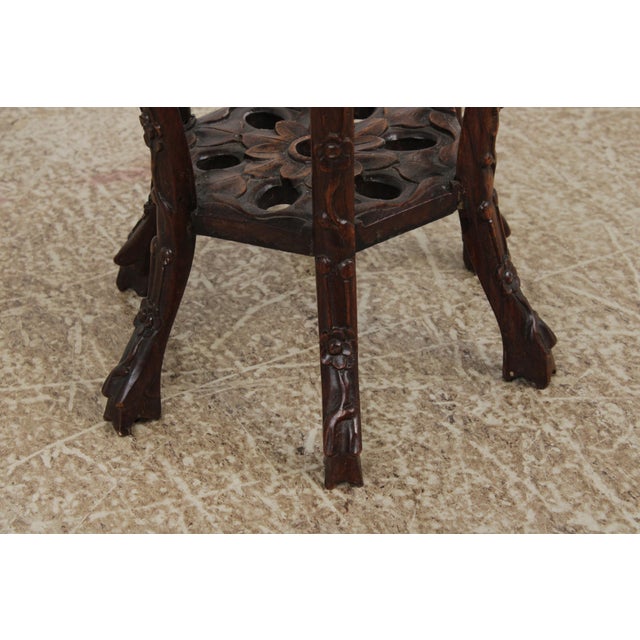 Brown Chinese Antique Hexagonal Carved Plant Stand With Inlaid Marble Top For Sale - Image 8 of 13