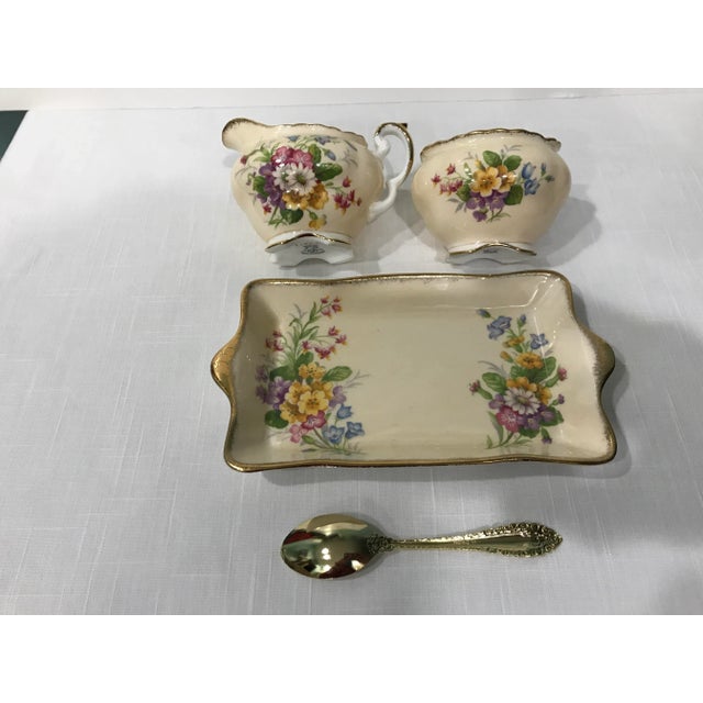 Foley Meadowsweet Creamer, Sugar and Tray Bone China Set With Demi Spoon - 4 Piece Sey For Sale - Image 11 of 13