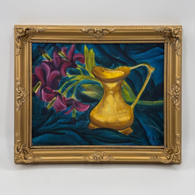 Textile Original Signed Floral Still Life Painting on Canvas Framed For Sale - Image 7 of 10