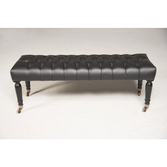 Black Mid-19th Century Brass Wheeled Black Leather and Ebonized Wood Bench, 1950s For Sale - Image 8 of 11