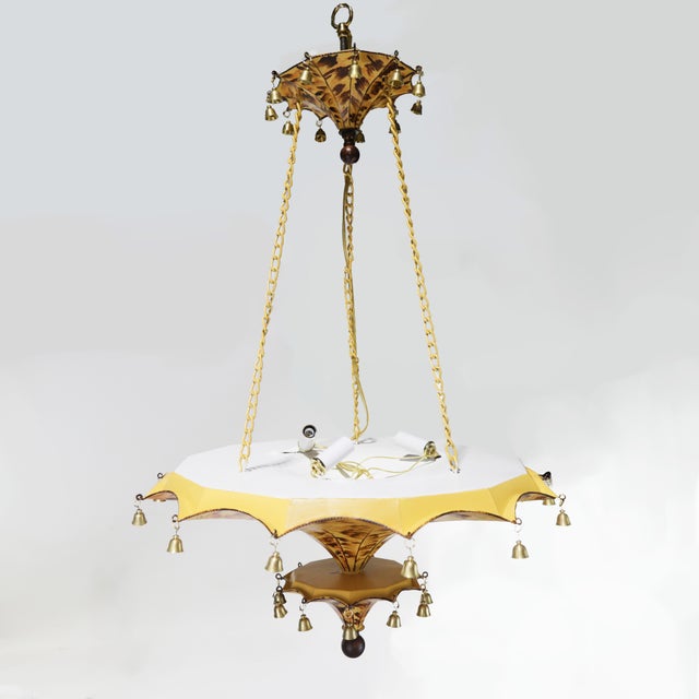 Art Deco Vintage Two-Tiers Tole Peinte Pagoda-Form Ceiling Chandelier With Faux Tortoiseshell and Bells For Sale - Image 3 of 10