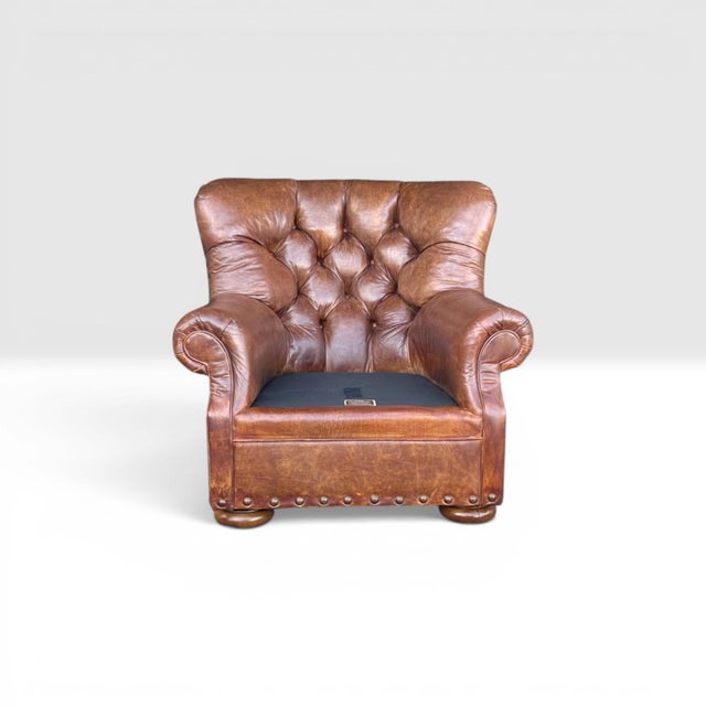 1990s English Churchill Leather Armchair With Rolled Arms & Brass Nailhead Trim For Sale - Image 12 of 12