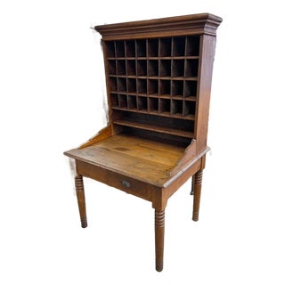 Antique Primative Wooden Postal Mail Sorting Desk Cabinet, 32 Cubbies, Deep Drawer For Sale