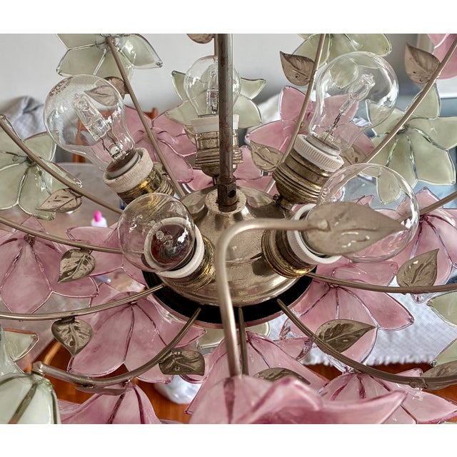 Vintage Mid-Century Italian Murano Style Hand-Painted Pink & Green Glass Floral Flush Mount Chandelier Transform your...