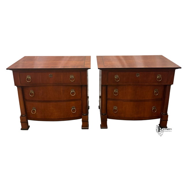 Vintage Pair of French Empire Style Nightstands featuring High Quality Mahogany Construction, Rounded Columns, Decorative...