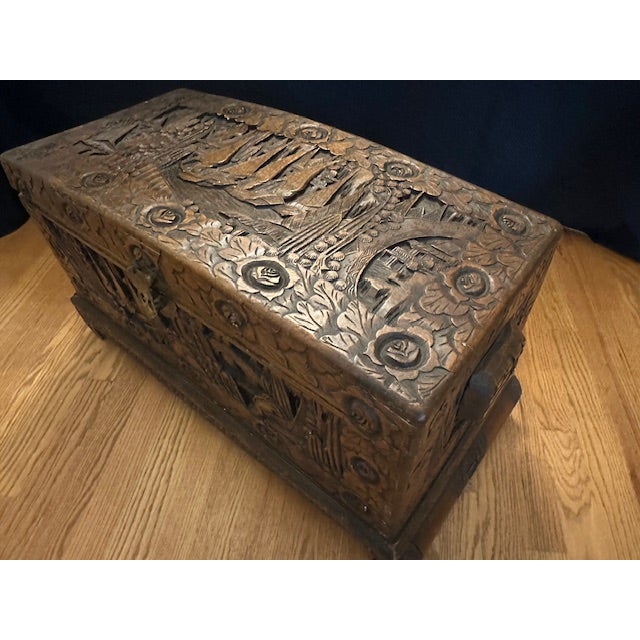 Vintage Medium Asian Hand-Carved Camphor Wood Chest With Brass Hardware For Sale - Image 15 of 15