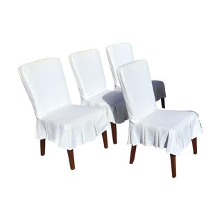 Set of 4 - Pottery Barn “Megan” Parson Chairs With Custom Made Heavy Linen White Pleated Slip Covers For Sale