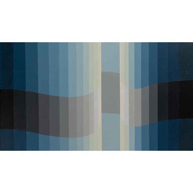 20th Century Belgian Baby Blue Striped Abstract Vintage Painting With Metal Frame by Rene Berdal For Sale - Image 16 of 18