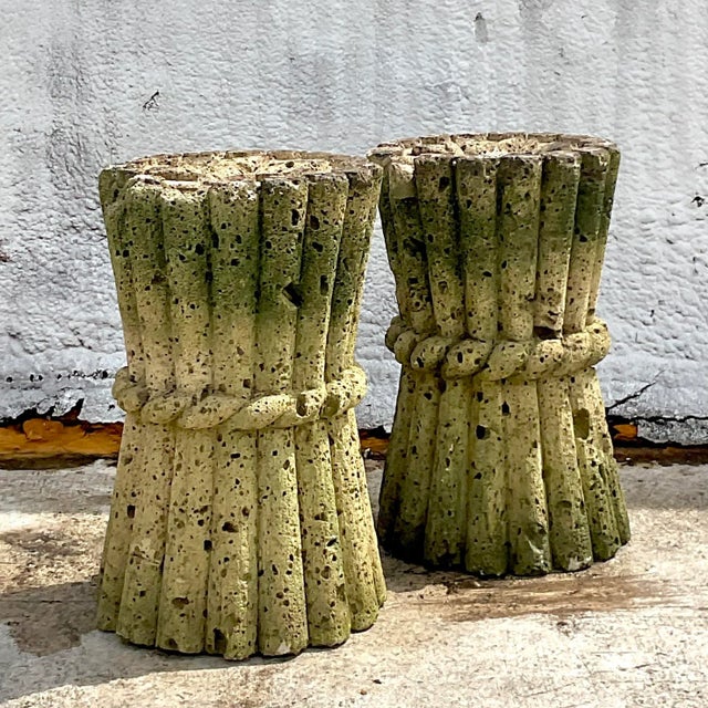 Stone Mid 20th Century Vintage Boho Cut Coquina Stone Bamboo Table Pedestals - a Pair For Sale - Image 7 of 9