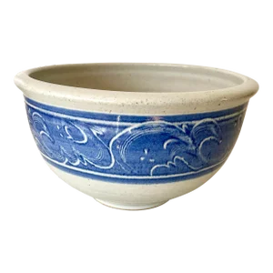 Vintage Earthenware Glazed Blue and White Serving Bowl
