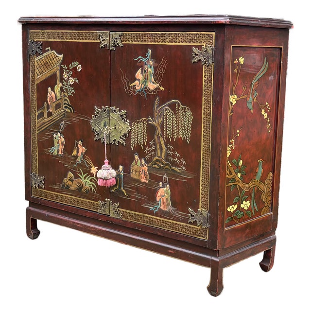 Antique Asian Oxblood Red Cabinet With Green Interior For Sale