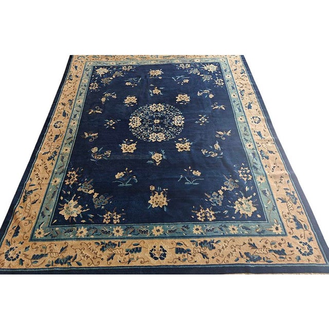 1920s Blue Navy Floral Medallion Deco Oriental Antique Peking Chinese Rug For Sale - Image 9 of 10