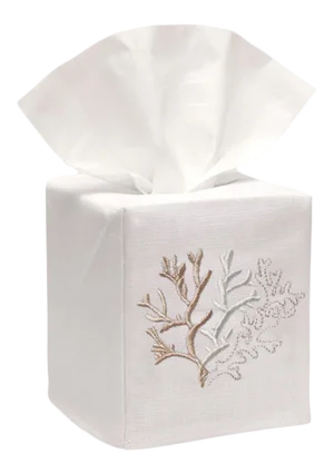 Beige Coral Tissue Box Cover in White Linen & Cotton, Embroidered