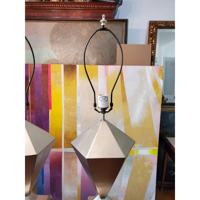 1970s Vintage Mid-Century Diamond Shaped Silver Lamps - a Pair For Sale - Image 5 of 8