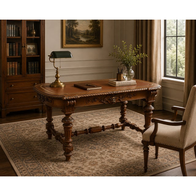 A finely carved Renaissance Revival writing desk, crafted in solid oak with exceptional detailing and an inset tooled...