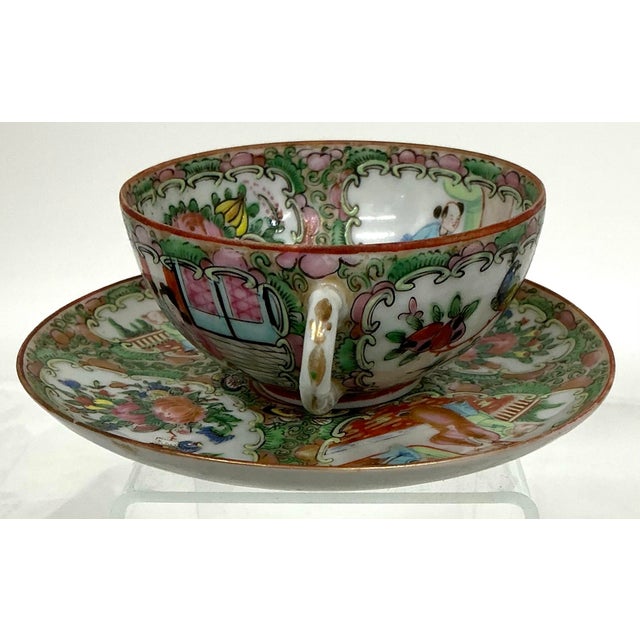 Chinese Antique Chinese Export Porcelain Famille Rose Medallion Pattern Cup and Saucer Set For Sale - Image 3 of 7