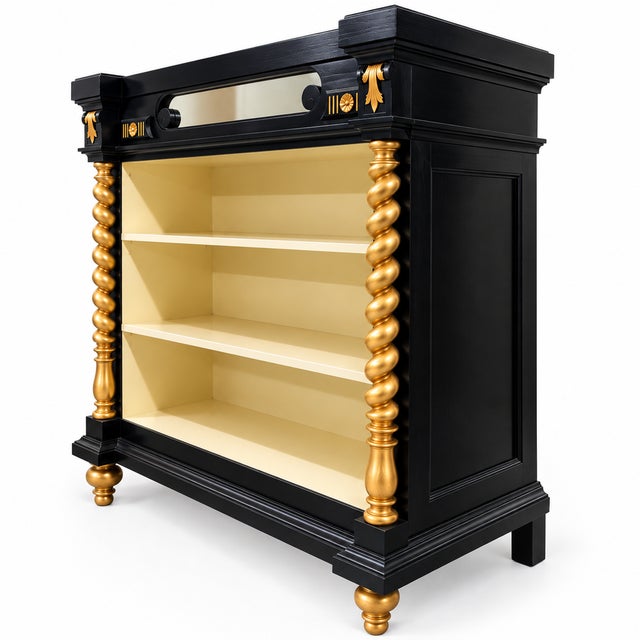 - Early 20th century ebonized neoclassic bookcase - Carved and turned walnut - Hand lacquered and polished with wax