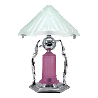 1980s Art Deco Frankart Style Chrome Table Lamp Pink Vianne Frosted Glass Nude Lady For Sale