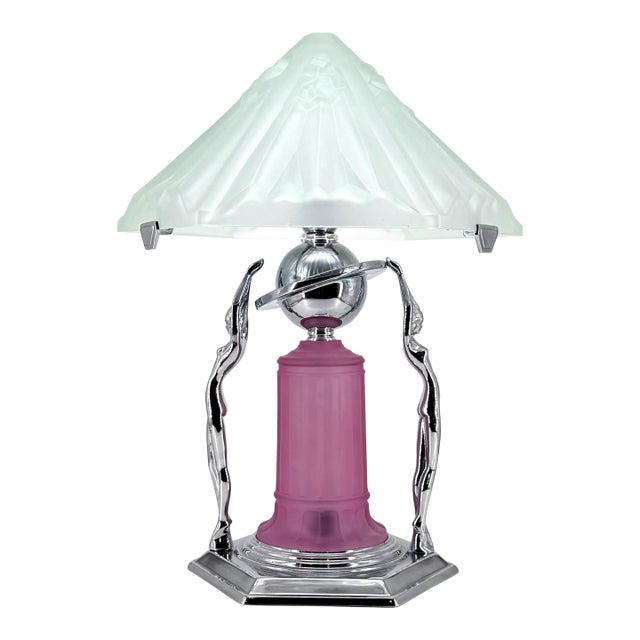 1980s Art Deco Frankart Style Chrome Table Lamp Pink Vianne Frosted Glass Nude Lady For Sale