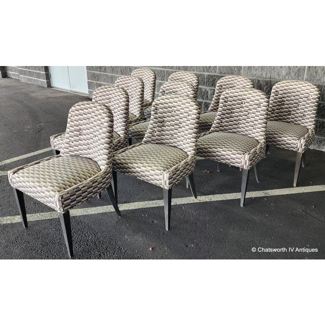 Wood Set 10 Contemporary Mid Century Style Custom Made Dining Chairs W/ Zak & Fox Obi Pattern Material For Sale - Image 7 of 14