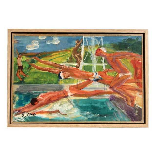 Berthommé Saint-André, The Divers, 1930s, Oil Painting on Board, Framed For Sale