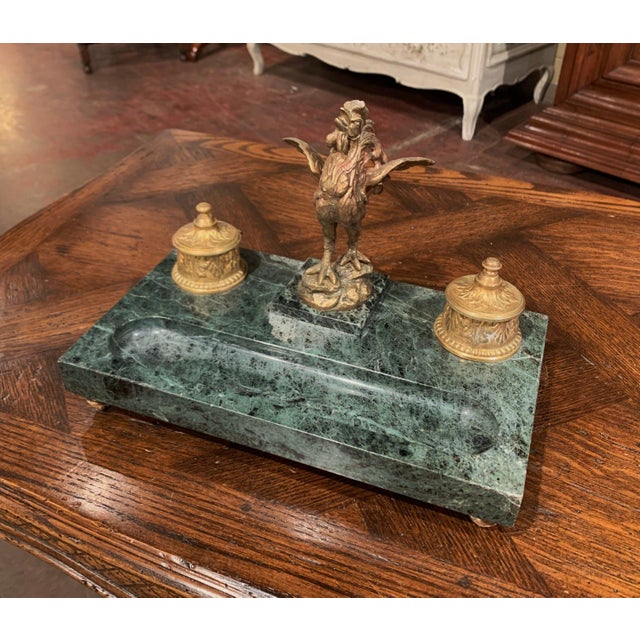 Decorate a desk, library, or study with this elegant antique bronze and marble inkwell set. Crafted in France circa 1880,...