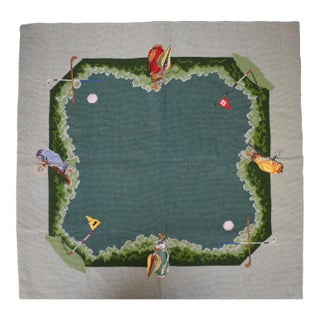 Hand Needlepoint Golfing Theme Bridge Table Cover W/ Celadon Green Border For Sale