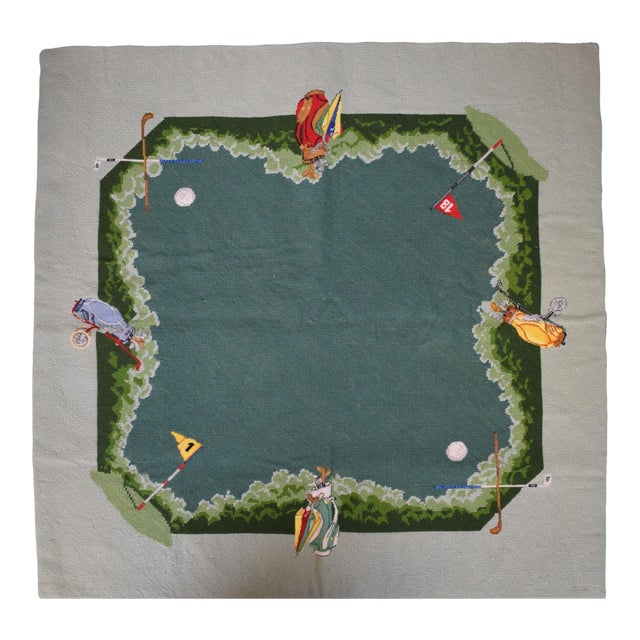 Hand Needlepoint Golfing Theme Bridge Table Cover W/ Celadon Green Border For Sale