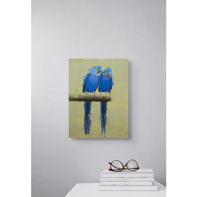 Early 21st Century Blue Macaws by Thorgrimur Einarsson | Oil on wood panel Two blue macaws perched on a branch. For Sale - Image 5 of 5