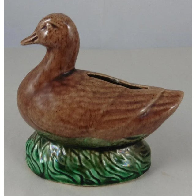 19th-century French majolica money bank duck. No maker's mark.