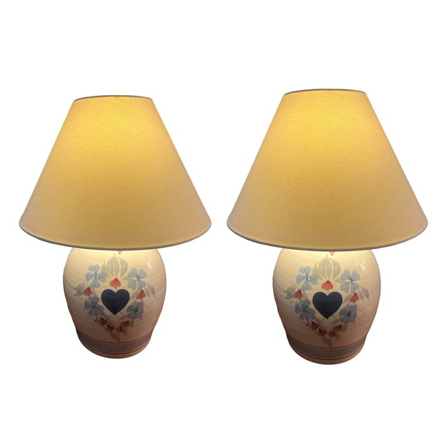 Vintage Mid Century Modern Pair of 1970s Postmodern Ceramic Table Lamps Shades Boho Hand Thrown Studio Pottery For Sale - Image 9 of 10