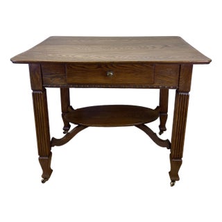 Elegant Vintage Oak Side Table With Drawer & Lower Shelf – Classic Fluted Legs For Sale