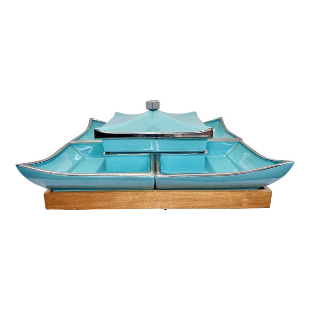 1950s Ever-Art California Turquoise Ceramic Pagoda Lazy Susan - 6pcs For Sale
