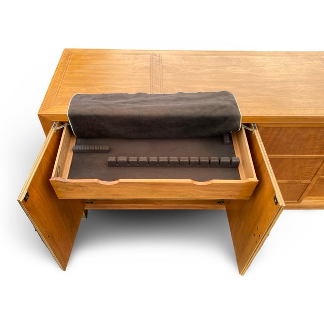 Wood Vintage Baker Furniture Figured Walnut Brass Mounted Credenza Sideboard - Attributed to Frank Van Steenberg For Sale - Image 7 of 18