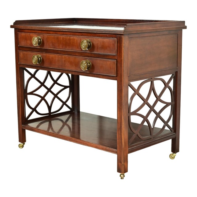 Baker Furniture Historic Charleston Chippendale Carved Mahogany Rolling Buffet Server or Bar Cart For Sale