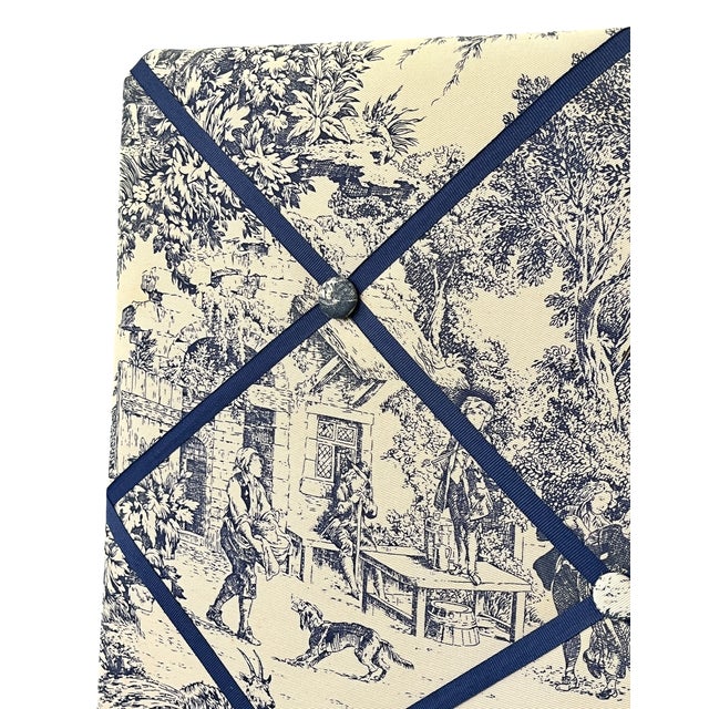 Bunny Williams Home Custom Upholstered Blue and White Toile French Memory Board Bulletin Board With Navy Grosgrain Ribbon For Sale - Image 4 of 10