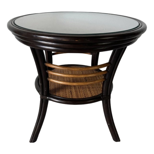 Palecek Coastal Rattan & Leather Accent Side Table With Glass Top For Sale