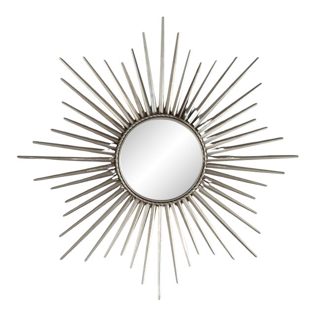 Vintage MCM Silver Gilt Metal Sunburst Mirror Unsigned C1970 For Sale