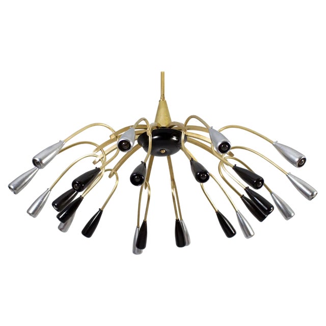 Mid-Century Brass and Murano Glass Chandelier in the style of Stilnovo, 1950s For Sale