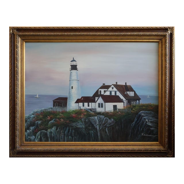Large Vintage R. Ashburton Portland Head Light Oil Painting—59″ For Sale