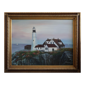 Large Vintage R. Ashburton Portland Head Light Oil Painting—59″