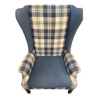 Late 20th Century Vintage Custom Oversized Blue Plaid Wing-Back Chair For Sale