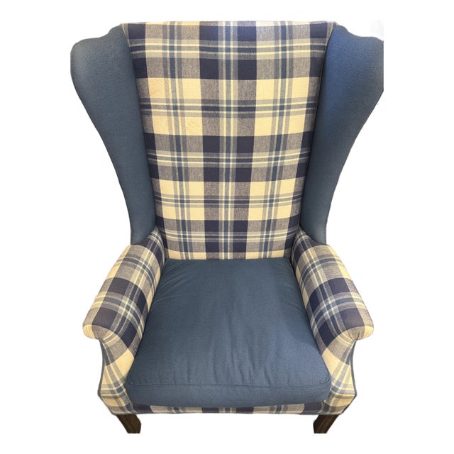 Late 20th Century Vintage Custom Oversized Blue Plaid Wing-Back Chair For Sale